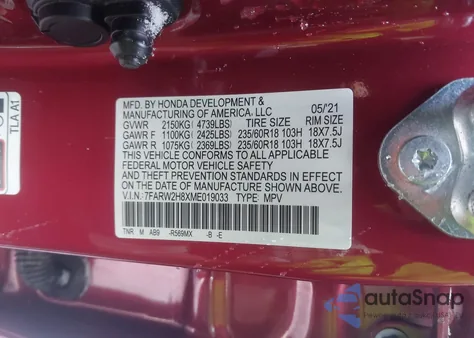 2021 Honda Cr-V Awd Ex-L из США, поврежденный, VIN 7FARW2H8XME019033